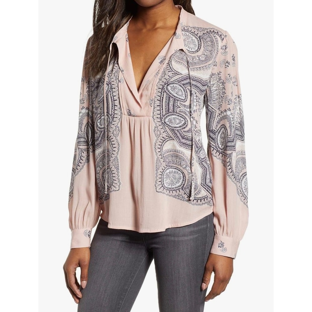 Lucky Brand‎ Pink Paisley Print Tie Neck Blouse Top Women Size S P